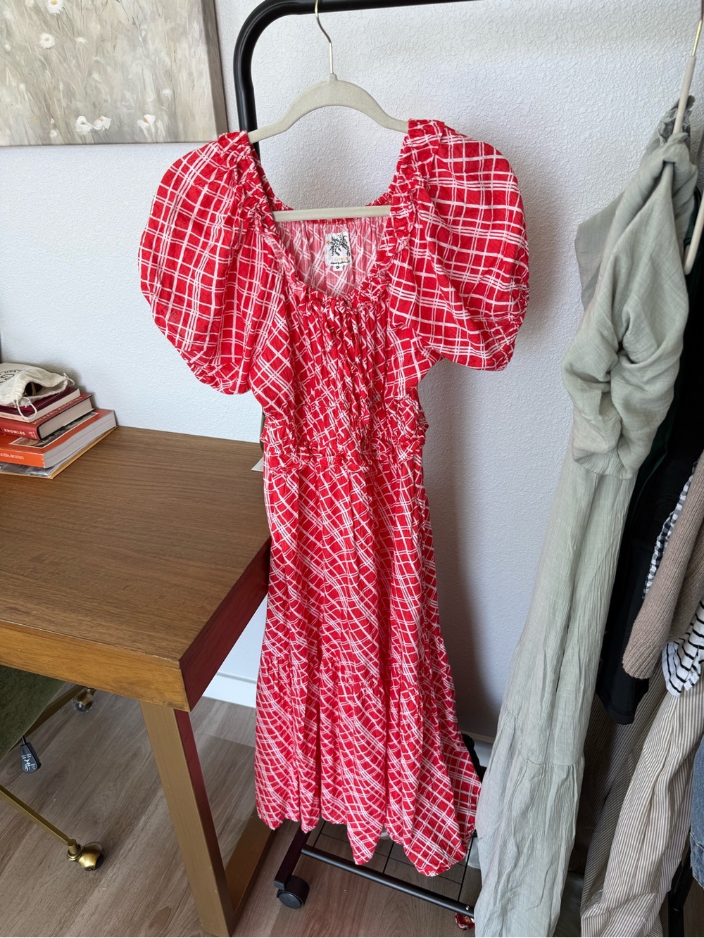Red Plaid Puff-Sleeve Lightweight Midi Dress — Called To Surf